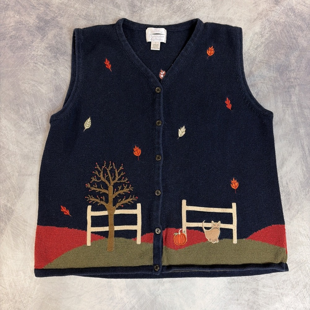 Vintage Christopher & Banks Sweater Vest Womens L Navy Blue Fall Cat Embroidered